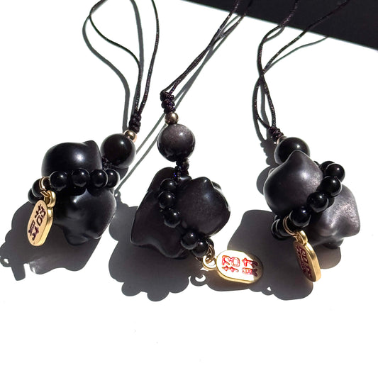 Silver Obsidian Cat Charm Keychains