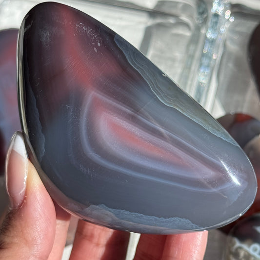 mozambique strawberry agate freeform palm polished agate stone