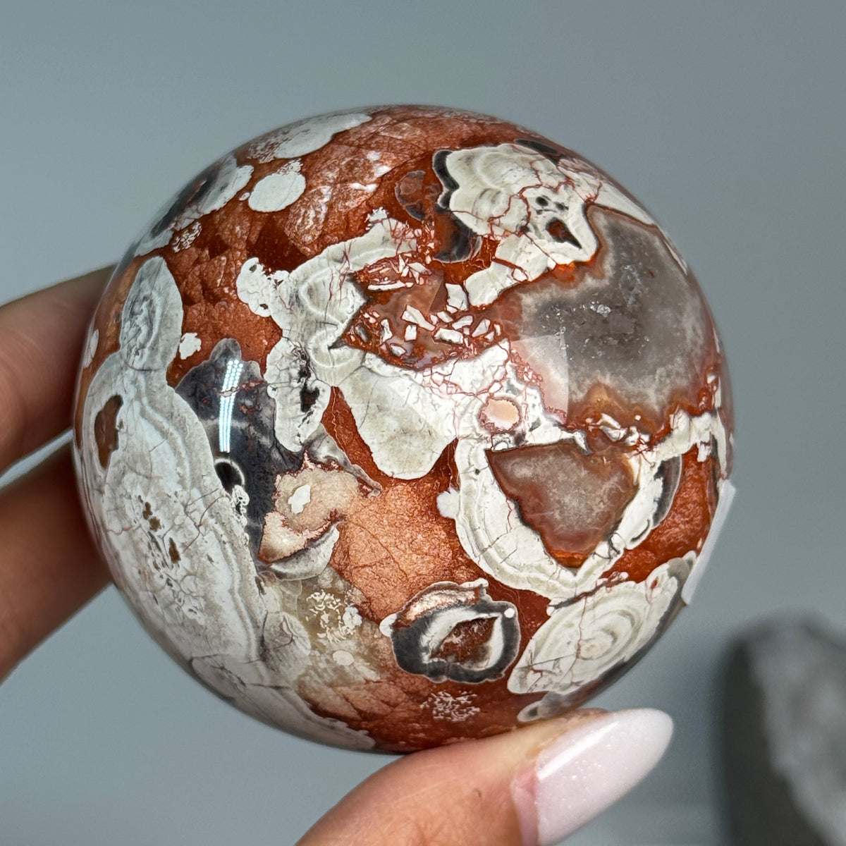 Money Agate Sphere #1, held in hand, showing rust-red, cream and dark orbicular patterns.