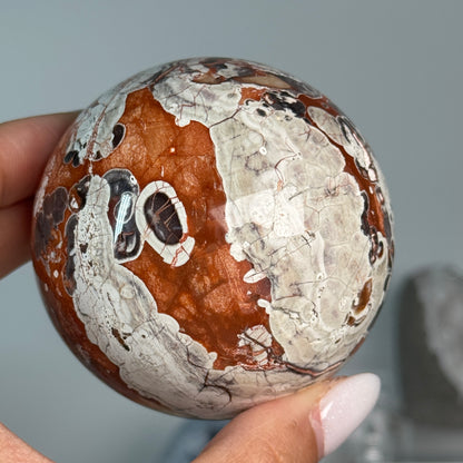 Money Agate Sphere #1, alternate view showing rust-red, cream and dark orbicular patterns.