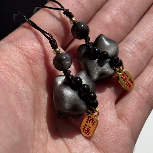 Silver Obsidian Cat Charm Keychains