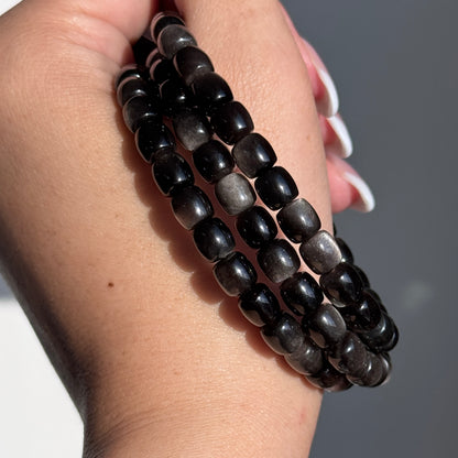 Silver Obsidian Long Bead Bracelets