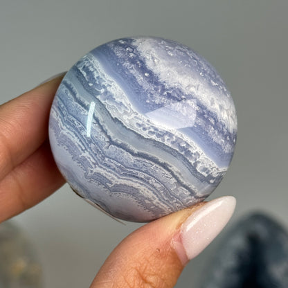Blue Lace Agate Sphere #3, alternate view showing blue and white banding.