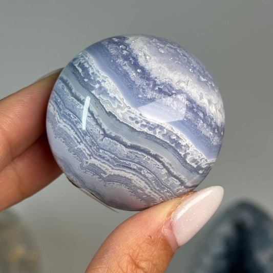 Blue Lace Agate Sphere #3, alternate view showing blue and white banding.