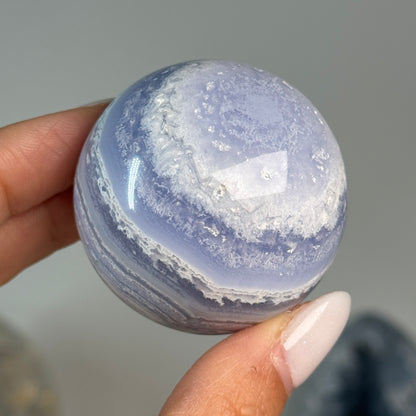 Blue Lace Agate Sphere #3, alternate view showing blue and white banding.