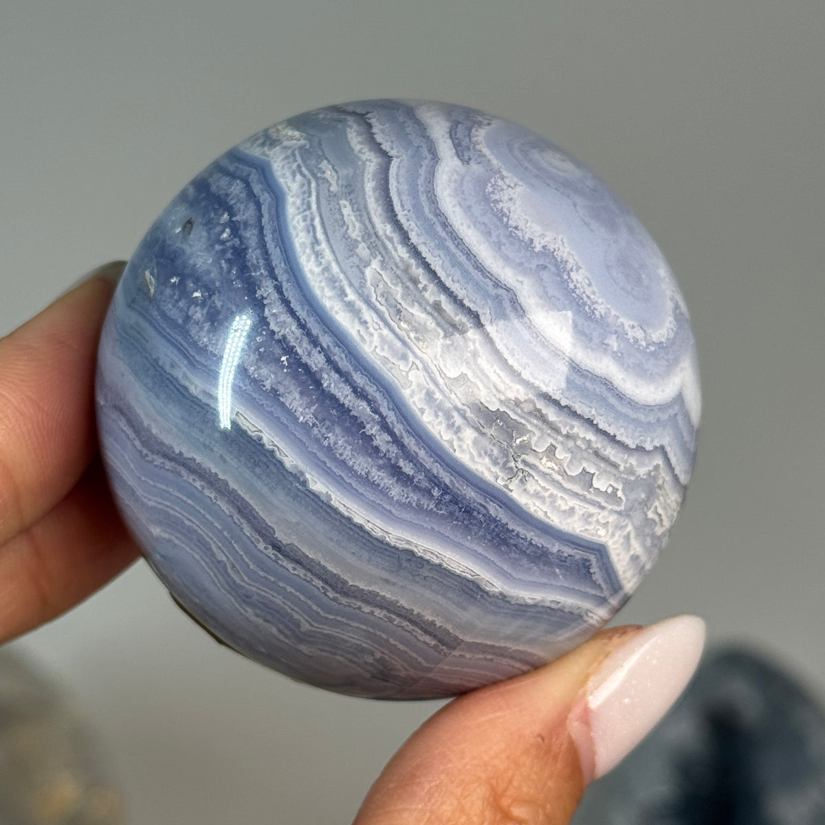Blue Lace Agate Sphere #4, alternate view showing fine blue and white layered bands.