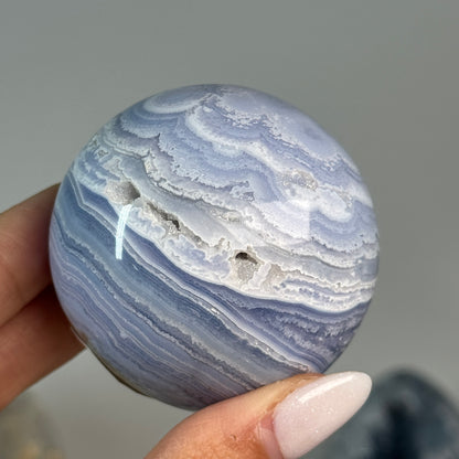 Blue Lace Agate Sphere #4, alternate view showing fine blue and white layered bands.