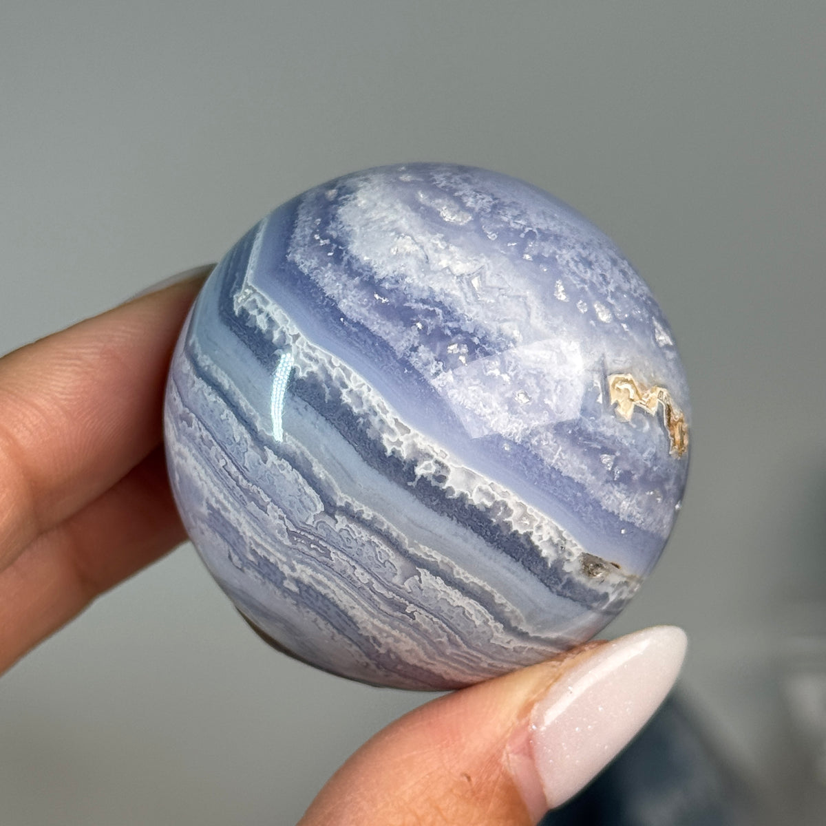 Blue Lace Agate Sphere #5, alternate view showing blue and white banding.