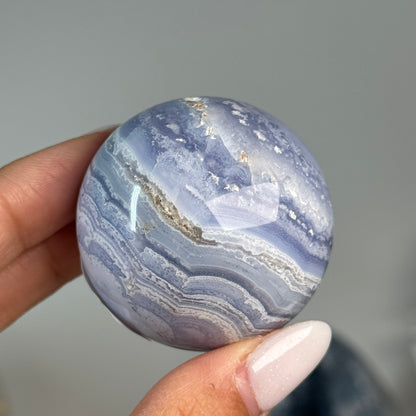 Blue Lace Agate Sphere #5, alternate view showing blue and white banding.