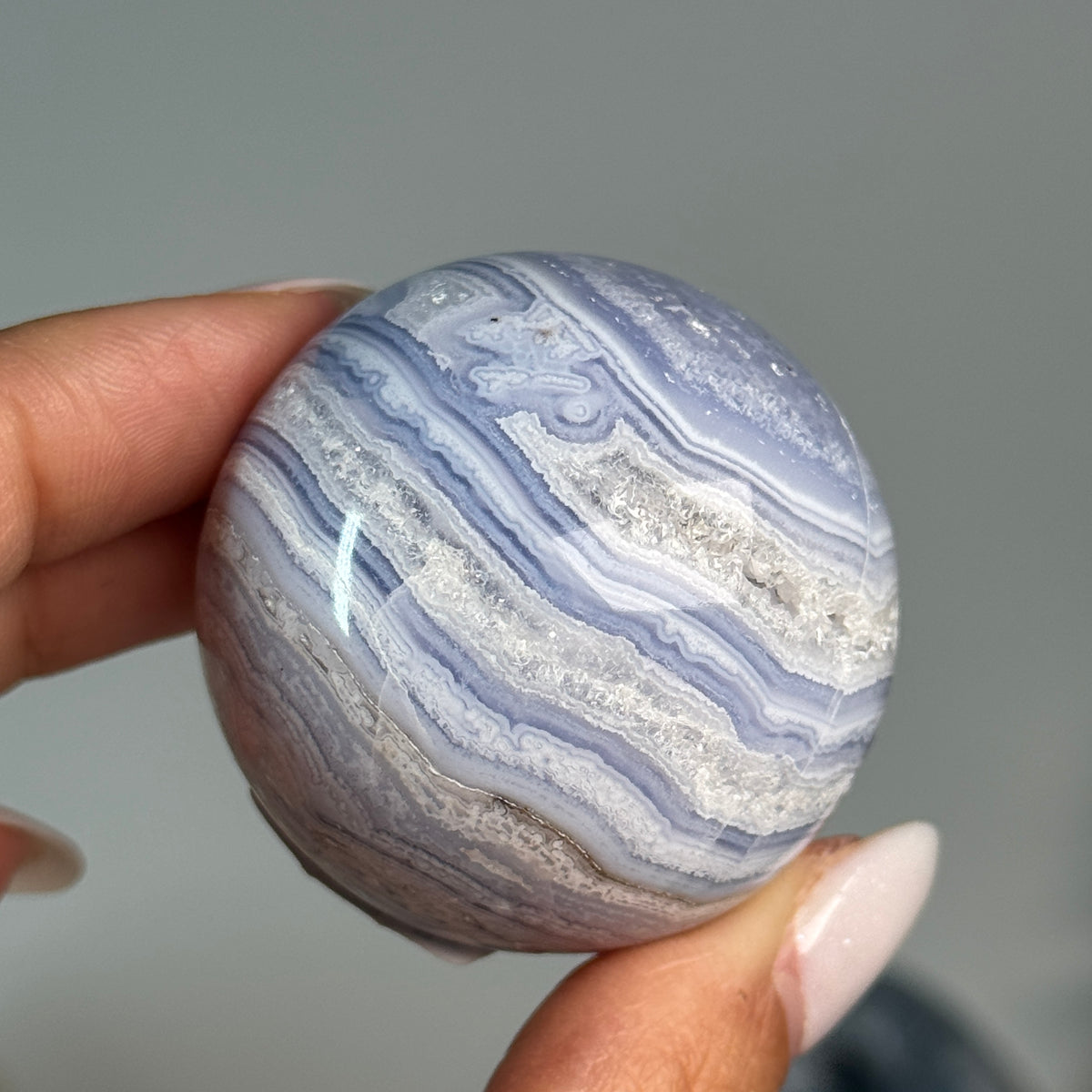 Blue Lace Agate Sphere #8, alternate view showing blue and white layered bands.