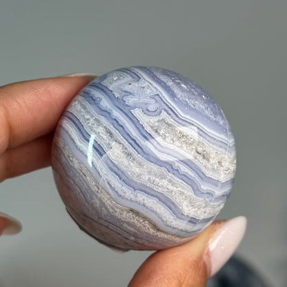 Blue Lace Agate Sphere #8, alternate view showing blue and white layered bands.