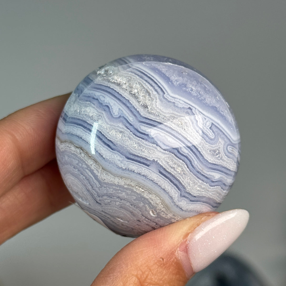 Blue Lace Agate Sphere #8, alternate view showing blue and white layered bands.
