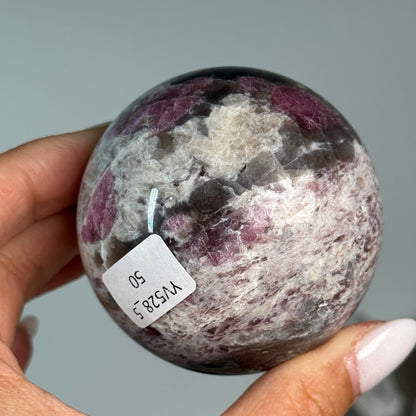 Rubellite (Pink Tourmaline) with Smoky Quartz Sphere #5, alternate view showing pink, black and cream mineral patterns.
