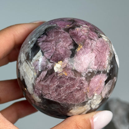 Rubellite (Pink Tourmaline) with Smoky Quartz Sphere #9, alternate view showing pink, black and cream mineral patterns.