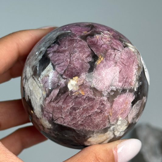 Rubellite (Pink Tourmaline) with Smoky Quartz Sphere #9, alternate view showing pink, black and cream mineral patterns.