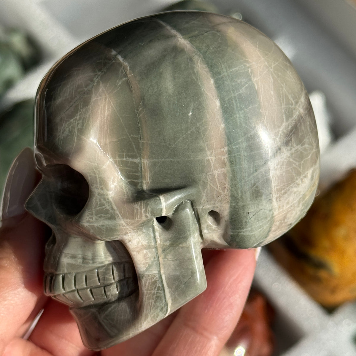 Skull Carving - Green Dragon Jasper #1, opposite side view showing gray-green coloring with broad pale bands.