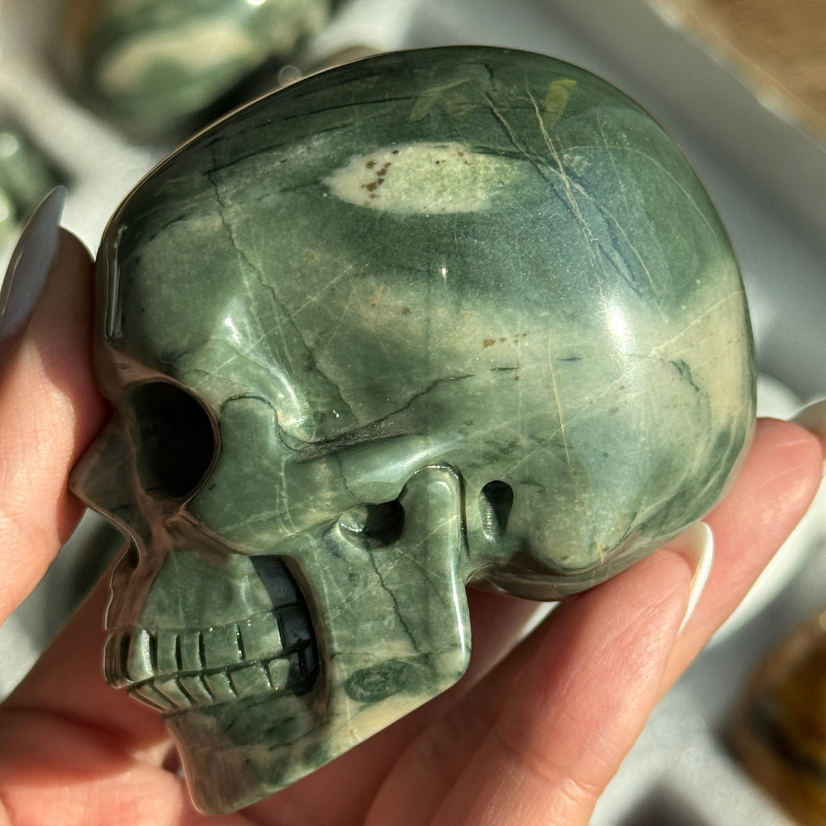 Skull Carving - Green Dragon Jasper #5, opposite side view showing green coloring with cream mineral patches.