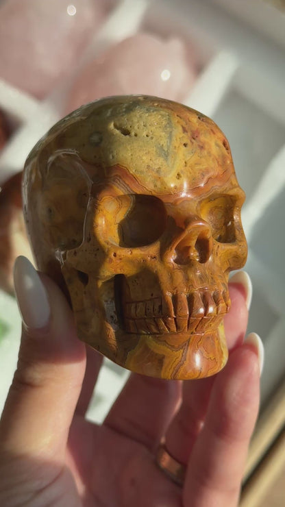 Video of Skull Carving - Crazy Lace Agate #12, showing the carved details and golden-brown, cream and dark lace-like banding.