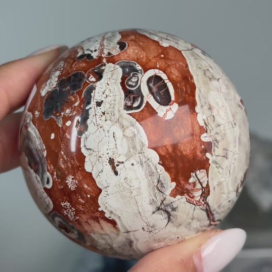 Video of Money Agate Sphere #1, showing rust-red, cream and dark orbicular patterns across the polished sphere.