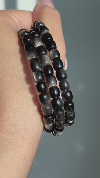 Silver Obsidian Long Bead Bracelets